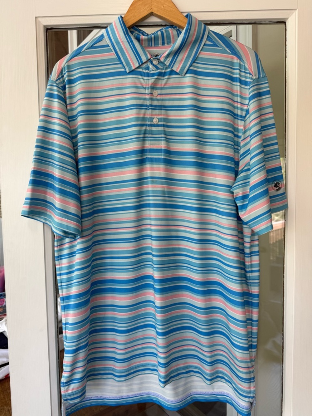 Southern Proper Men Large Performance Striped Polo in Light Blue, Pink & White.